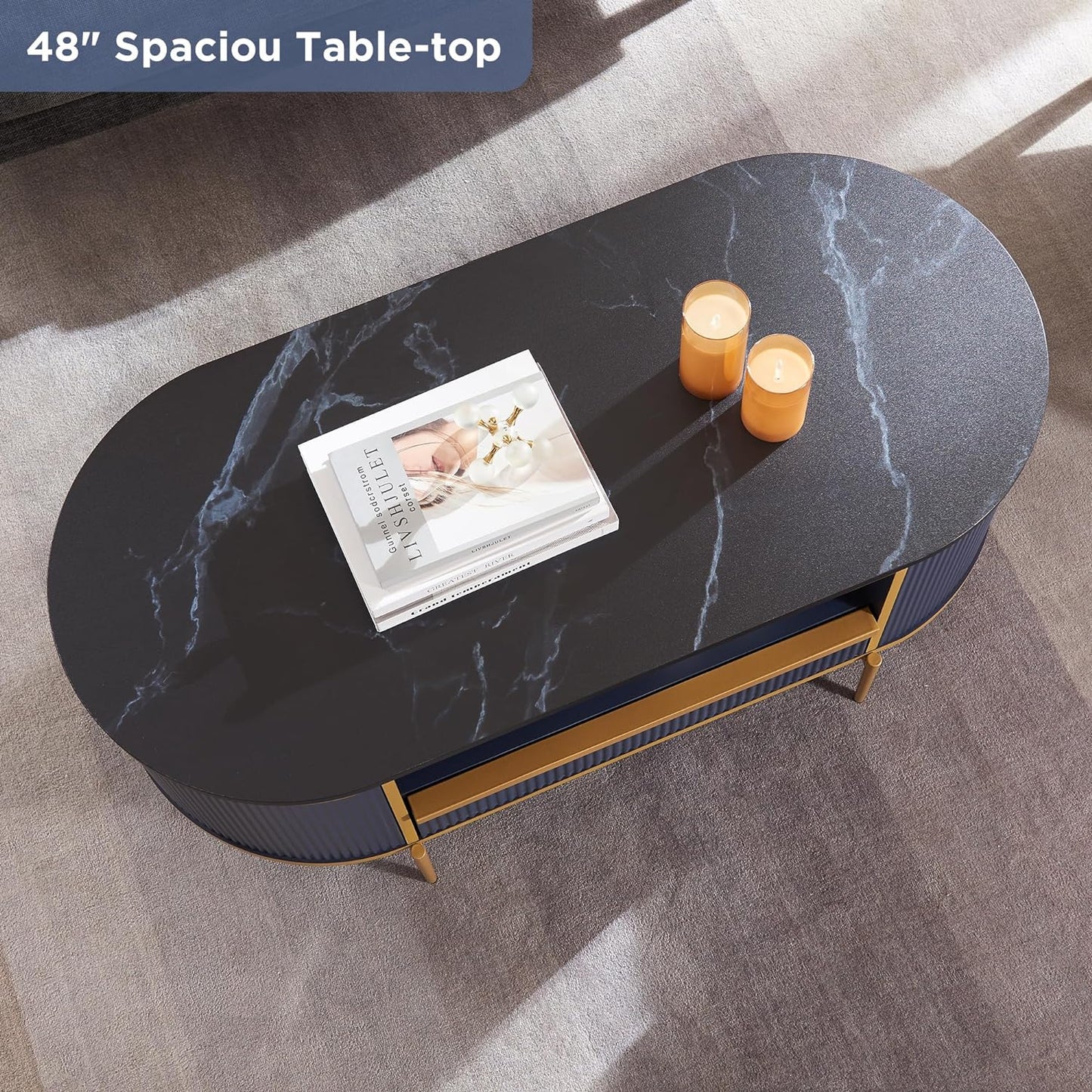 OKD Modern Oval Coffee Table 48 Inch with Drawer Navy Blue