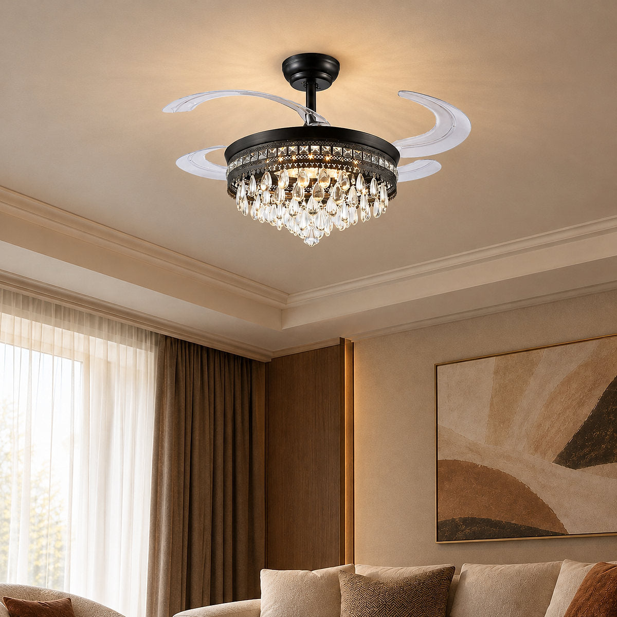 Tricolordeer Retractable Blade Crystal Chandelier Ceiling Fan