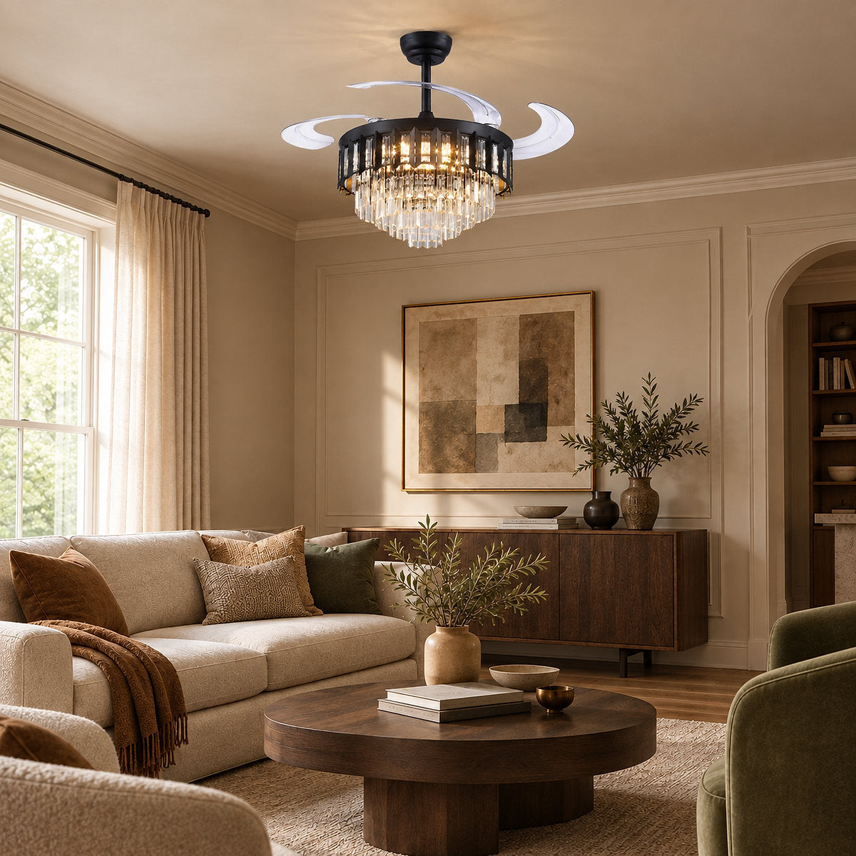 Tricolordeer Retractable Acrylic Blade Crystal Chandelier Ceiling Fan