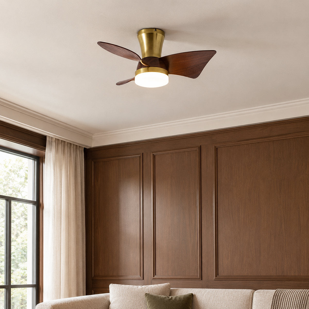 Breeze Lux Ceiling Fan Light, 21.7-Inch x H 10.2-Inch, Gold & Walnut Wood Grain, Three-Color Light for Living Room