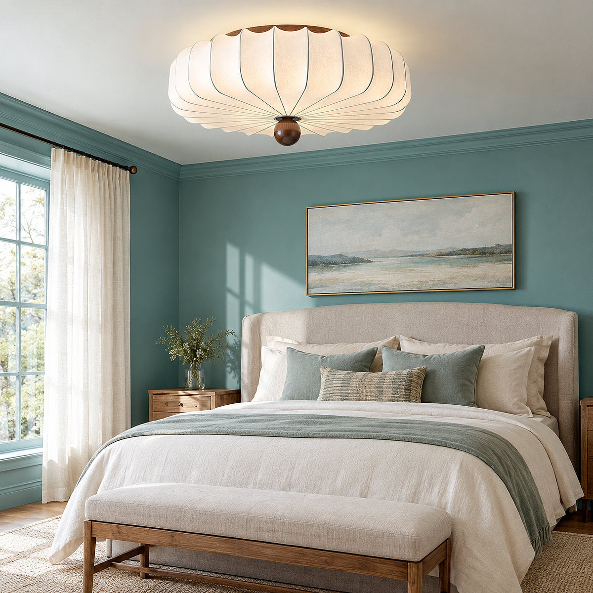 Solenne Blossom Ceiling Light, 15.7-Inch, Walnut & White, Warm Light for Living Room