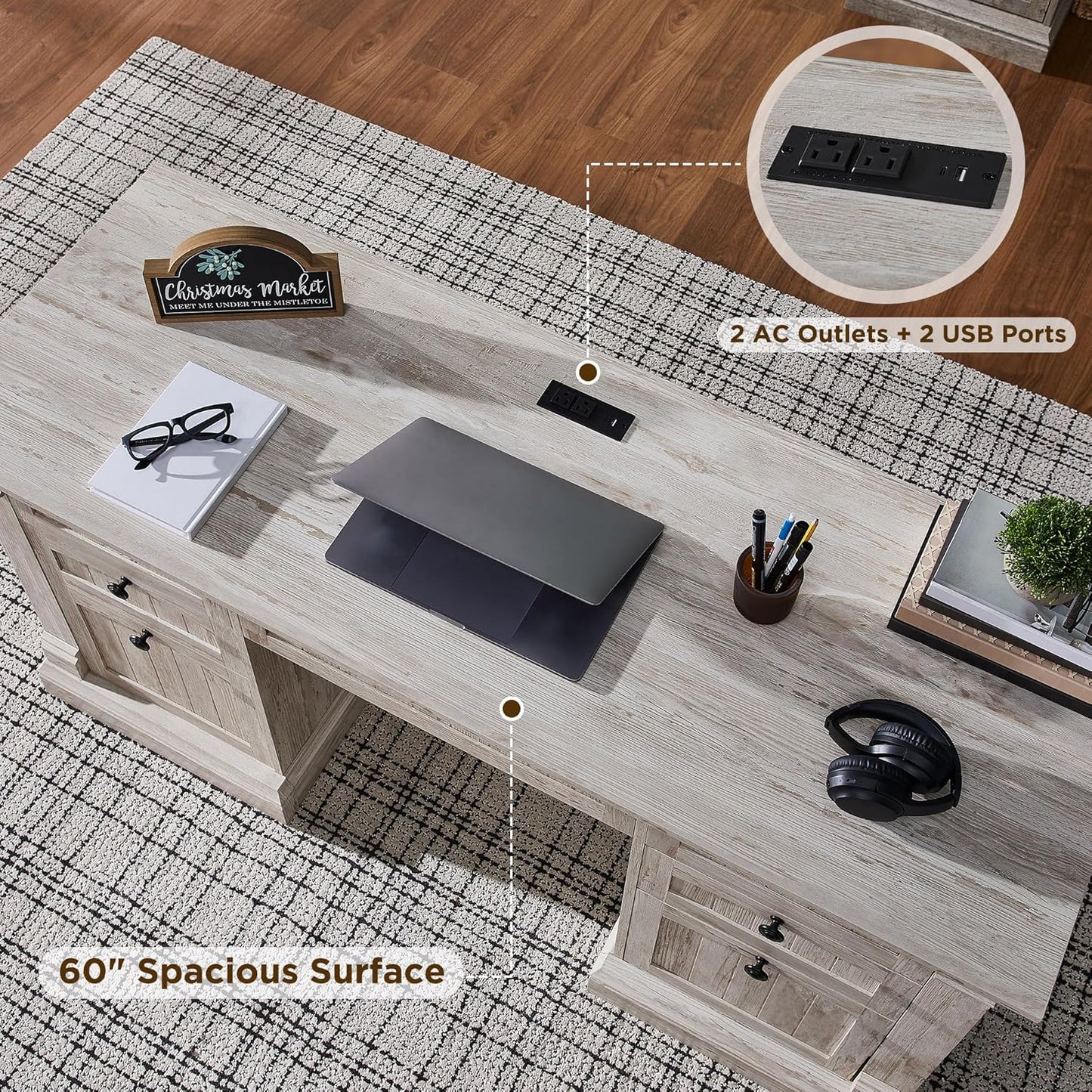 OKD 60" Farmhouse Executive Desk with Drawers and Charging Station