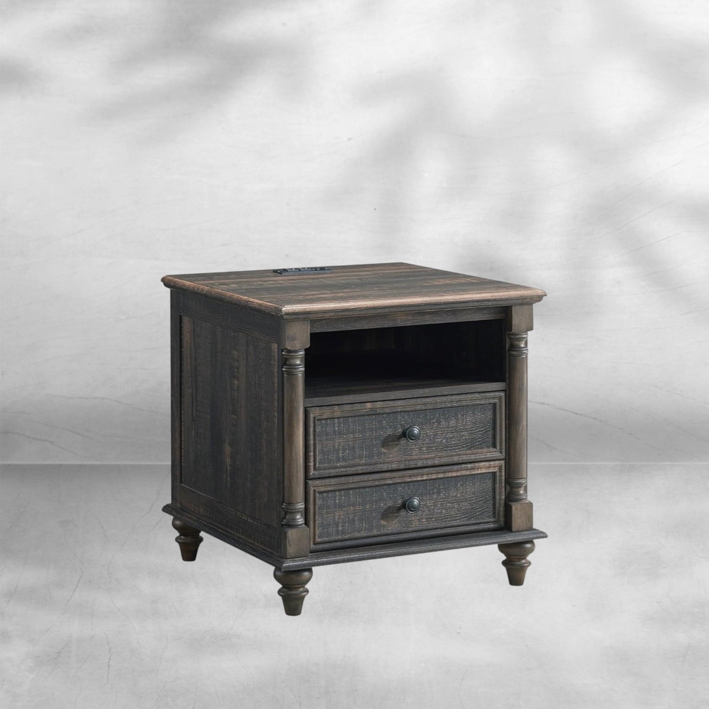 Farmhouse End Table with Charging Station & Solid Wood Feet