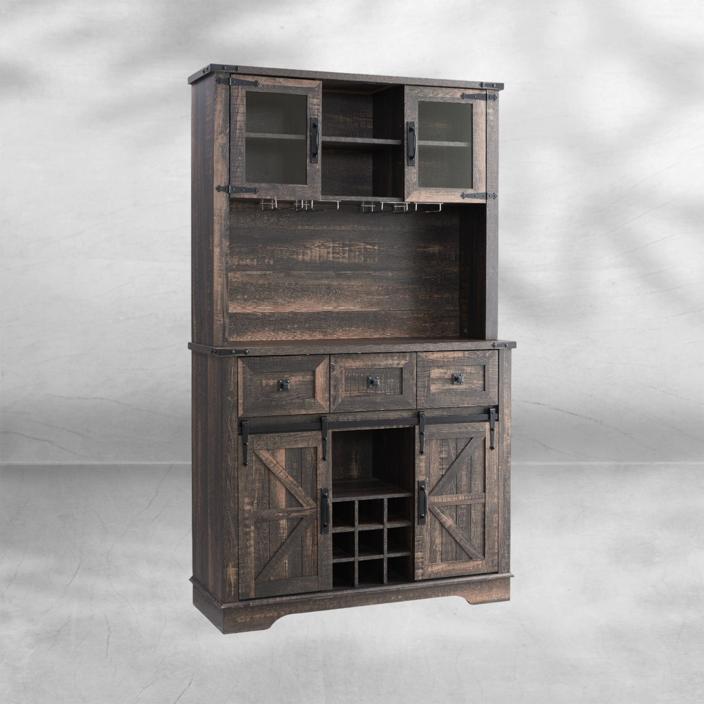 72" Farmhouse Buffet with Hutch - Sliding Barn Door Cabinet
