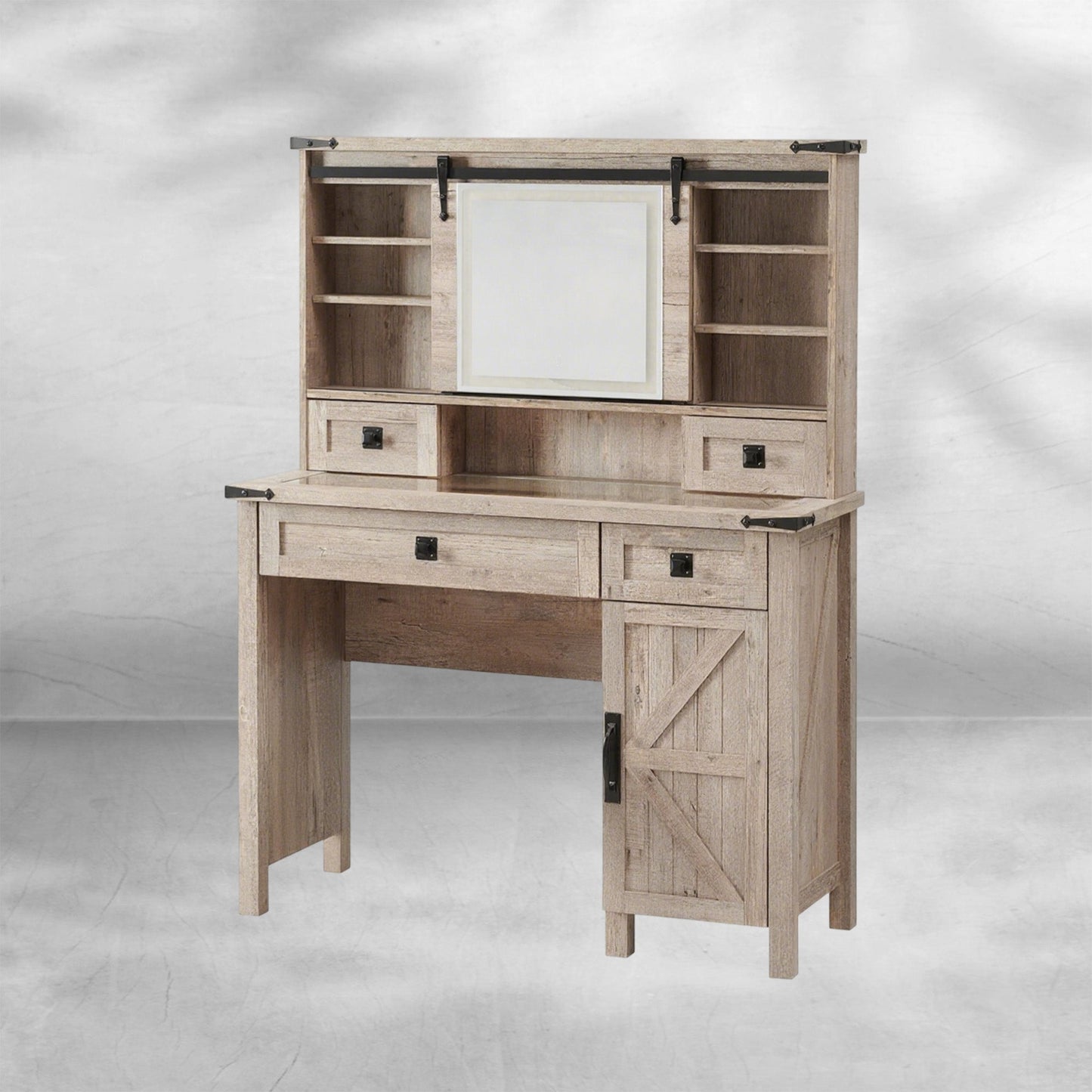 Farmhouse Makeup Vanity Desk with Sliding Mirror and Lights