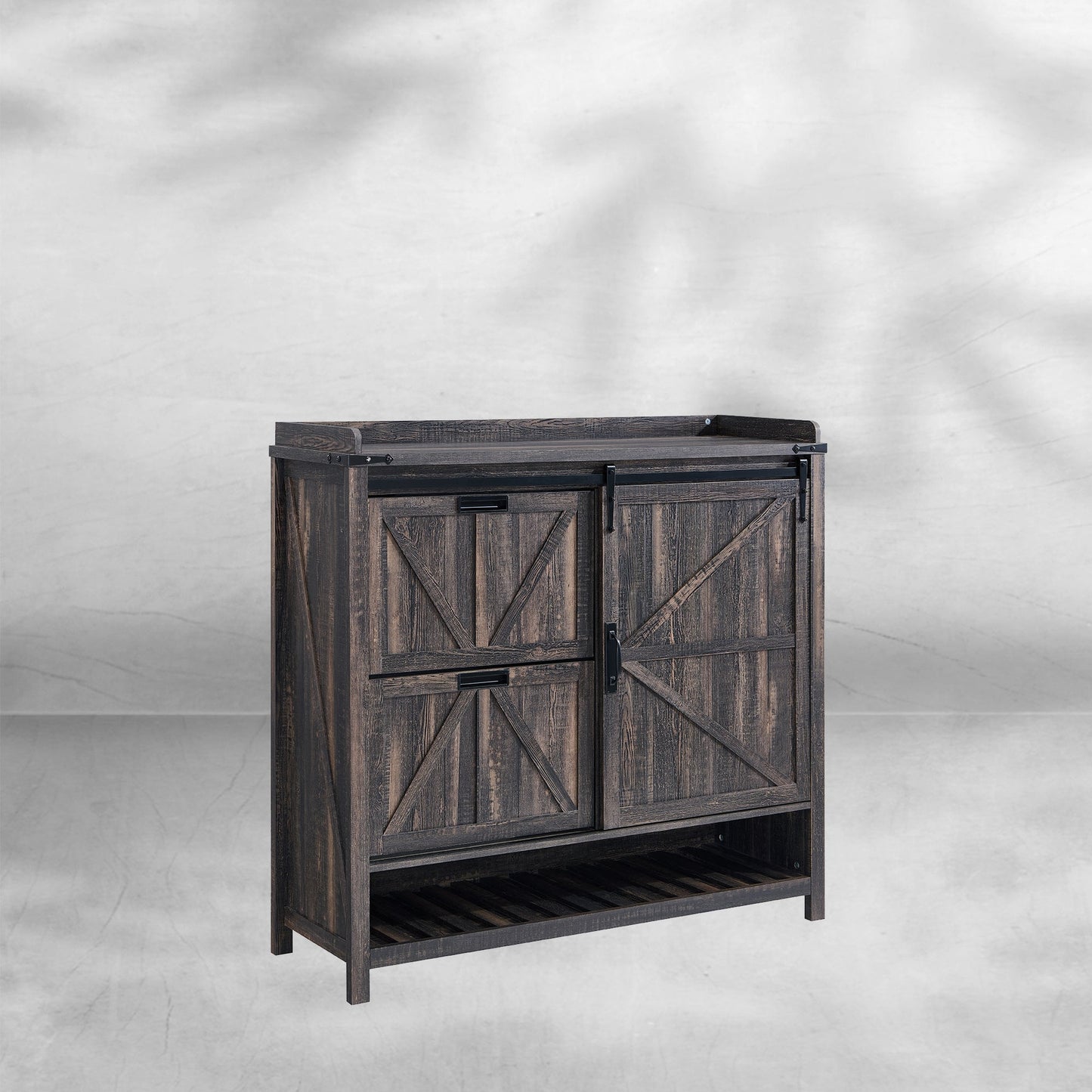 Farmhouse Shoe Storage Cabinet - 2 Flip Drawers and Sliding Door