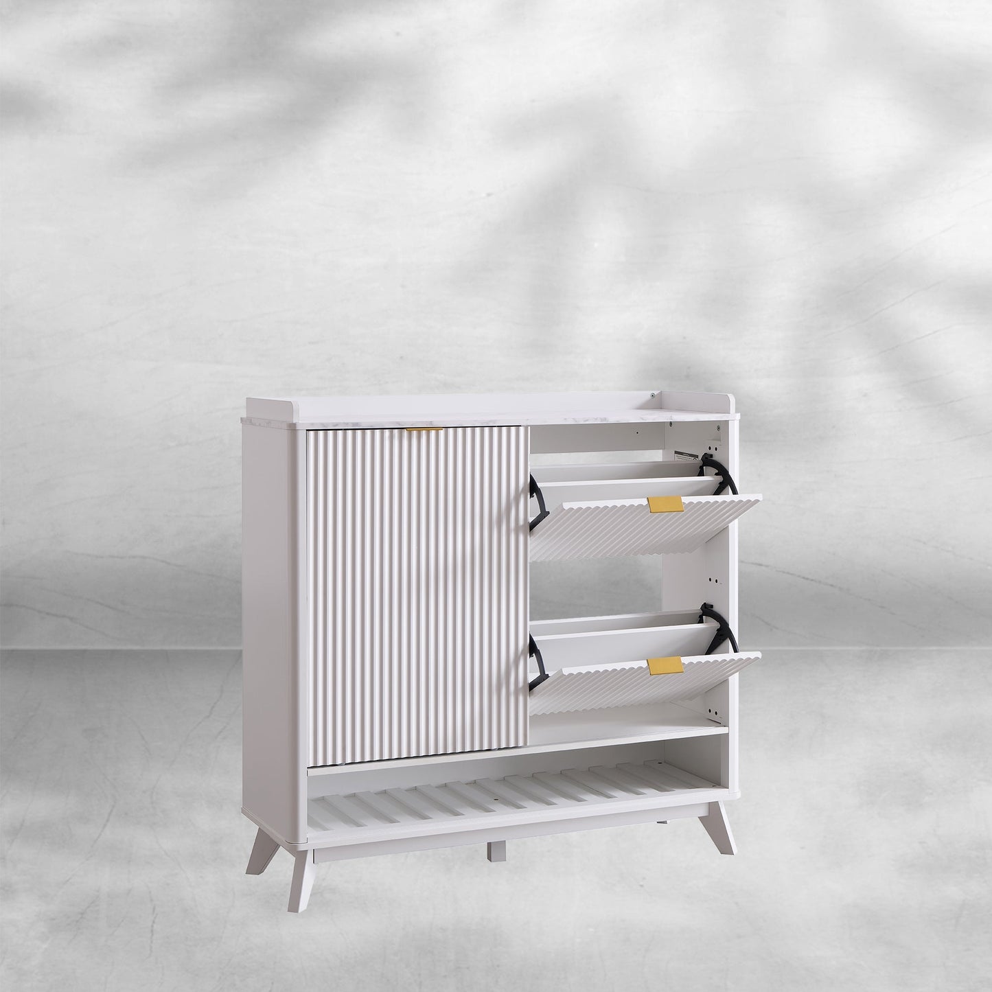 White Fluted Shoe Storage Cabinet - Organizer for Entryway