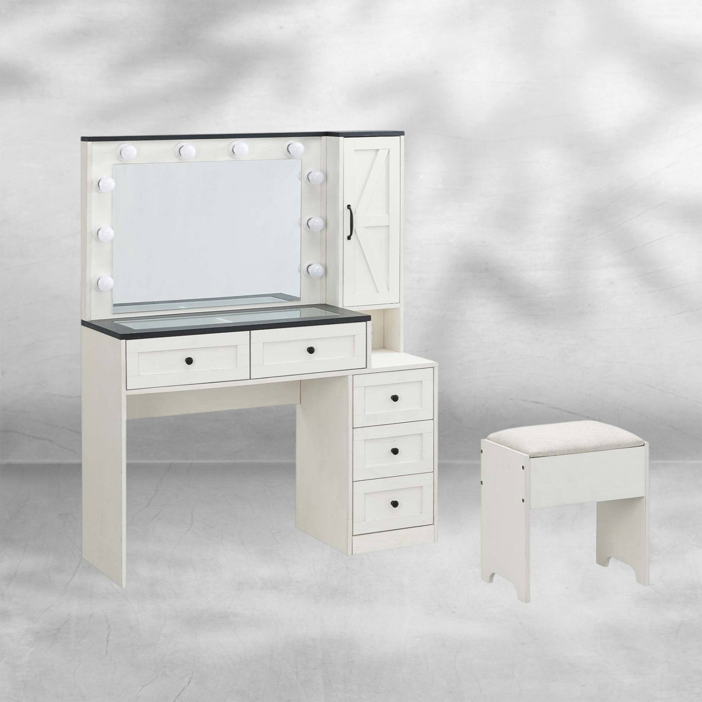 Farmhouse Style Vanity Makeup Desk 43" with Lighted Mirror & Charging