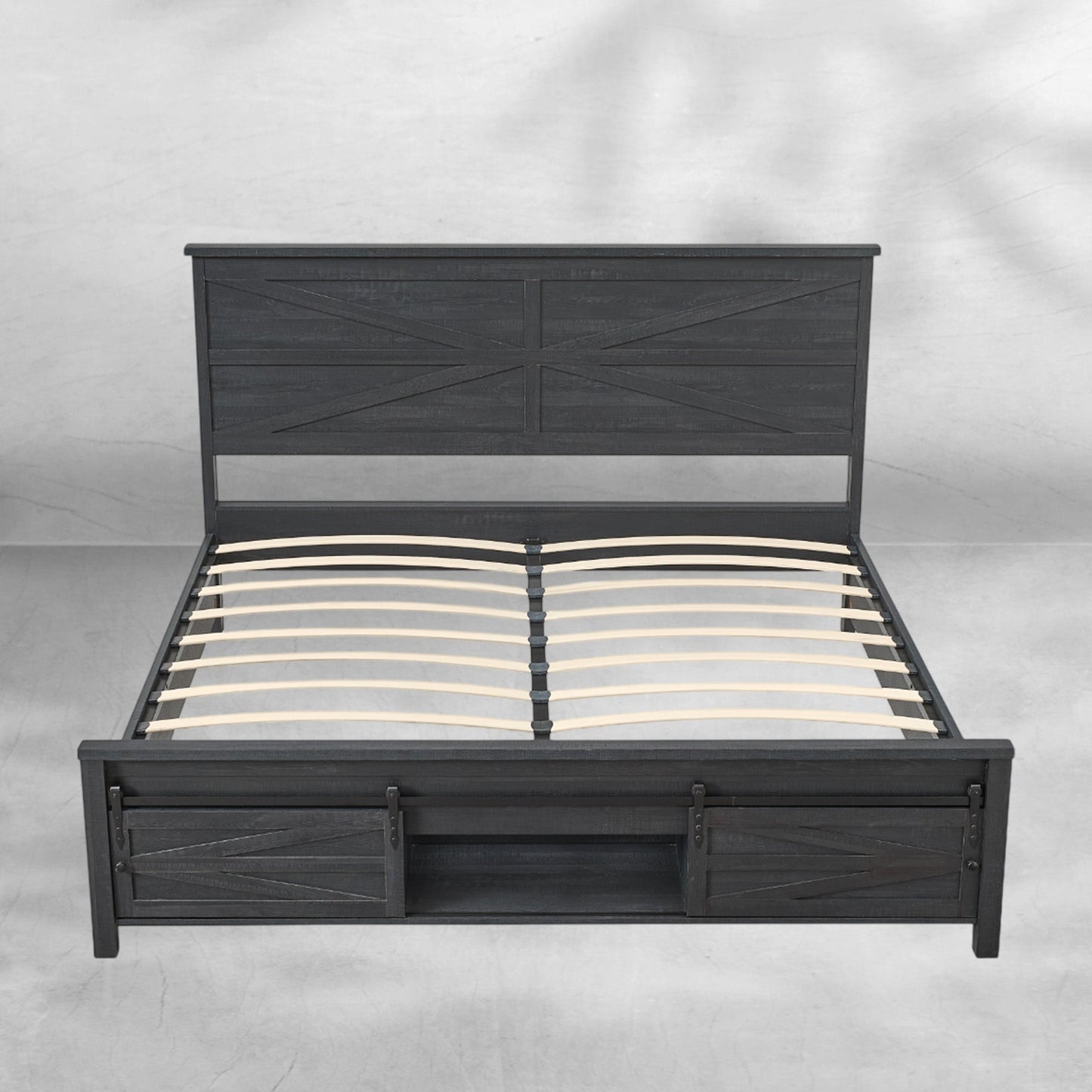 Queen Size Farmhouse Wood Bed Frame 64" with Barn Door Cabinets