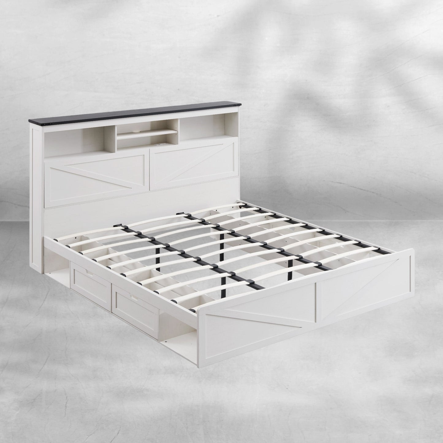 Farmhouse King Bed Frame with Storage Headboard, Drawers & LED