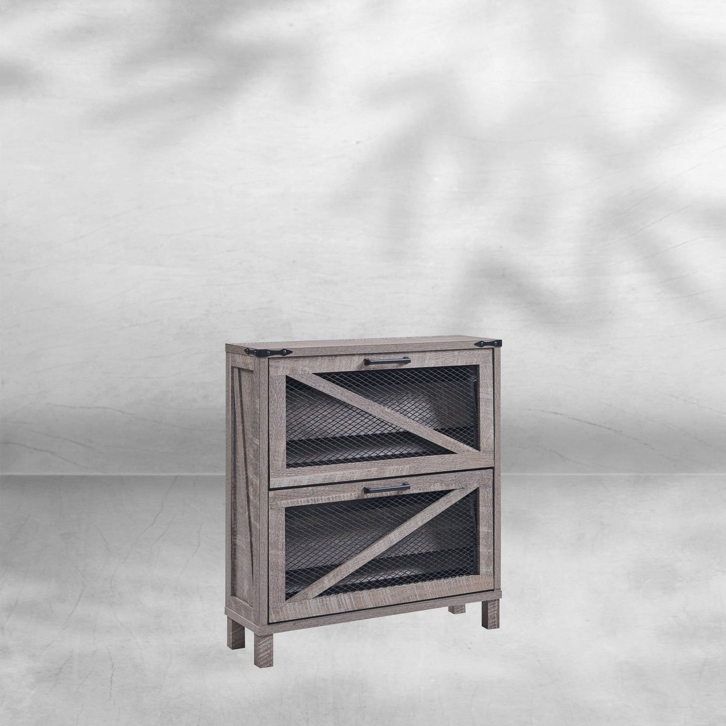 Farmhouse Shoe Cabinet with Flip Drawers and Mesh Doors