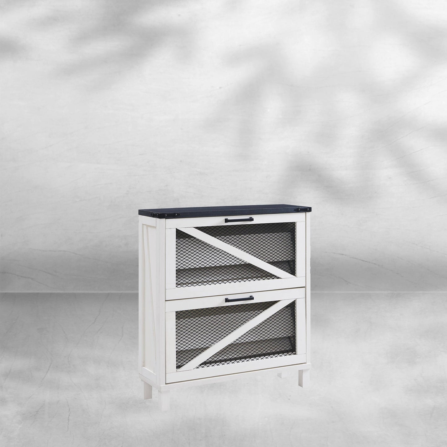 Farmhouse Shoe Cabinet with Flip Drawers and Mesh Doors