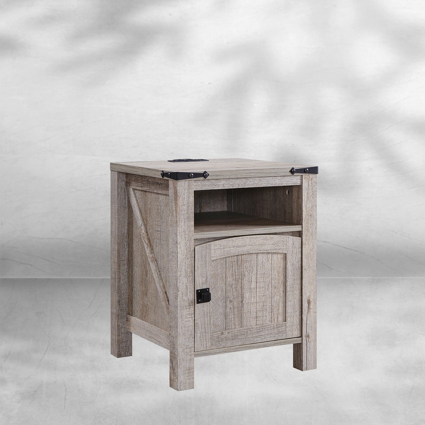 Farmhouse Nightstand with Charging Station Rustic End Table