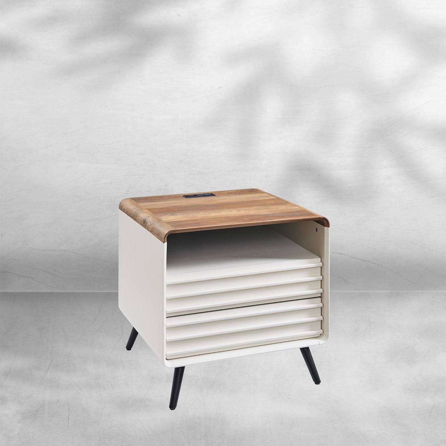 Mid Century Nightstand with Charger Station & Two Drawers