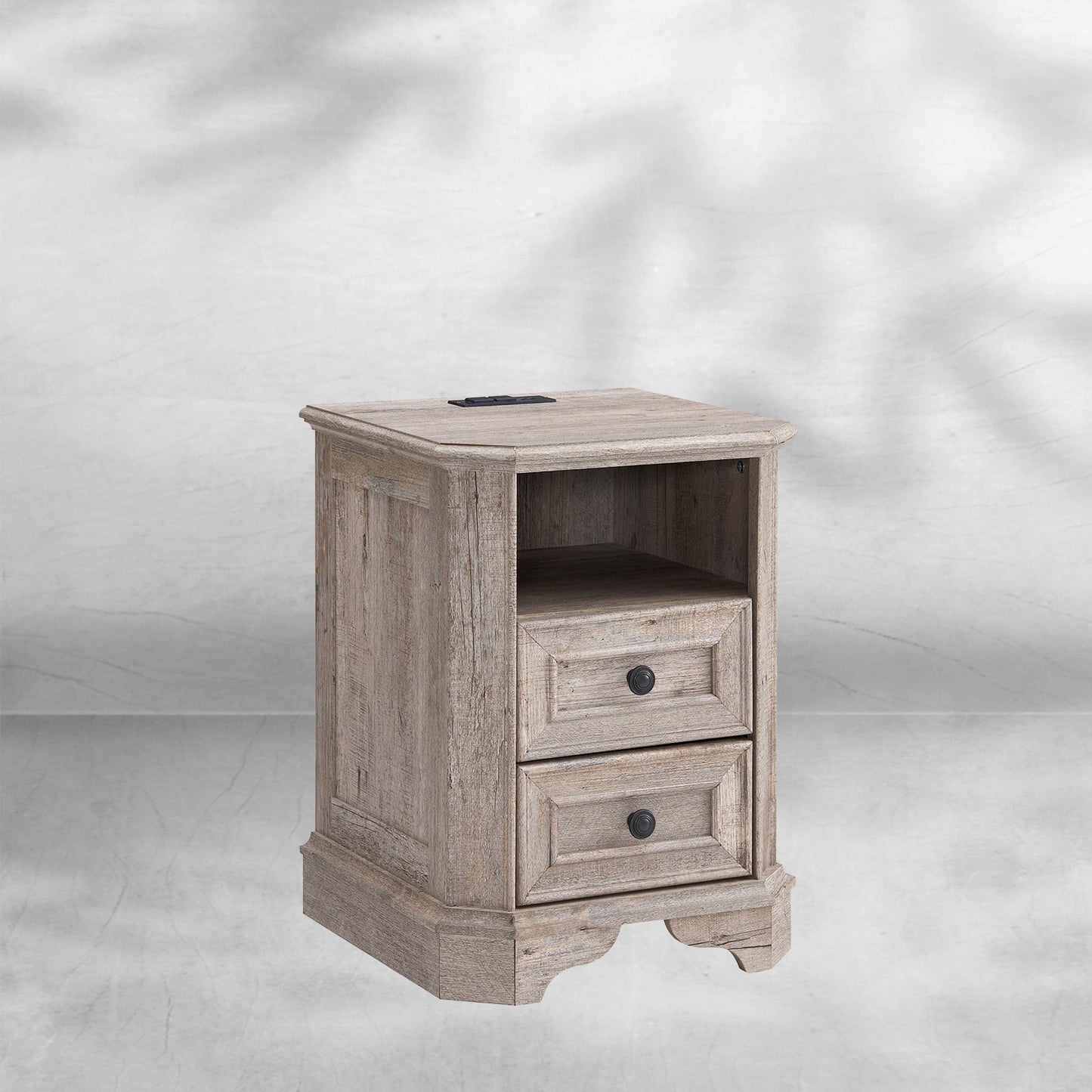 Farmhouse Nightstand with Charging Station Wood End Table Bedside Cabinet