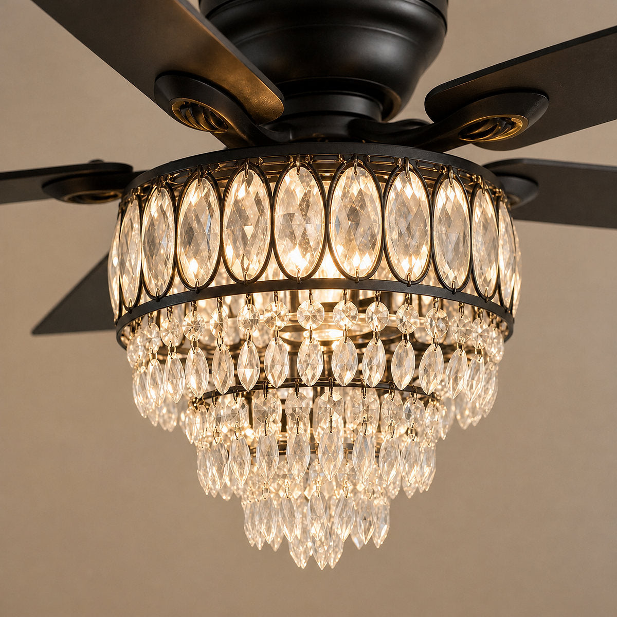 Tricolordeer Tiered Crystal Chandelier Black Ceiling Fan