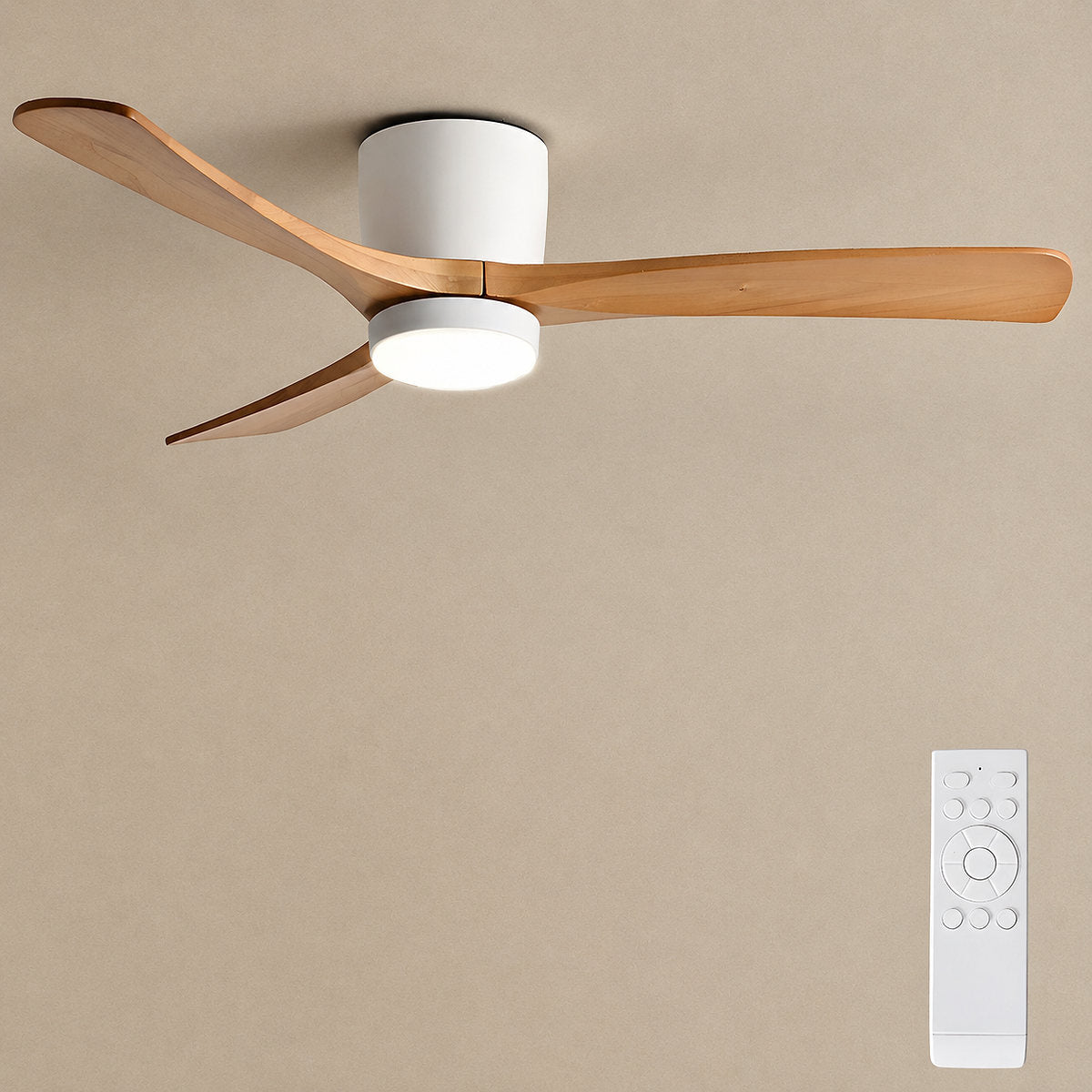 Nordic Wooden Ceiling Fan Light, 42-Inch x H 11-Inch, White & Natural Wood, Power: ~18W & Warm Light for Living Room