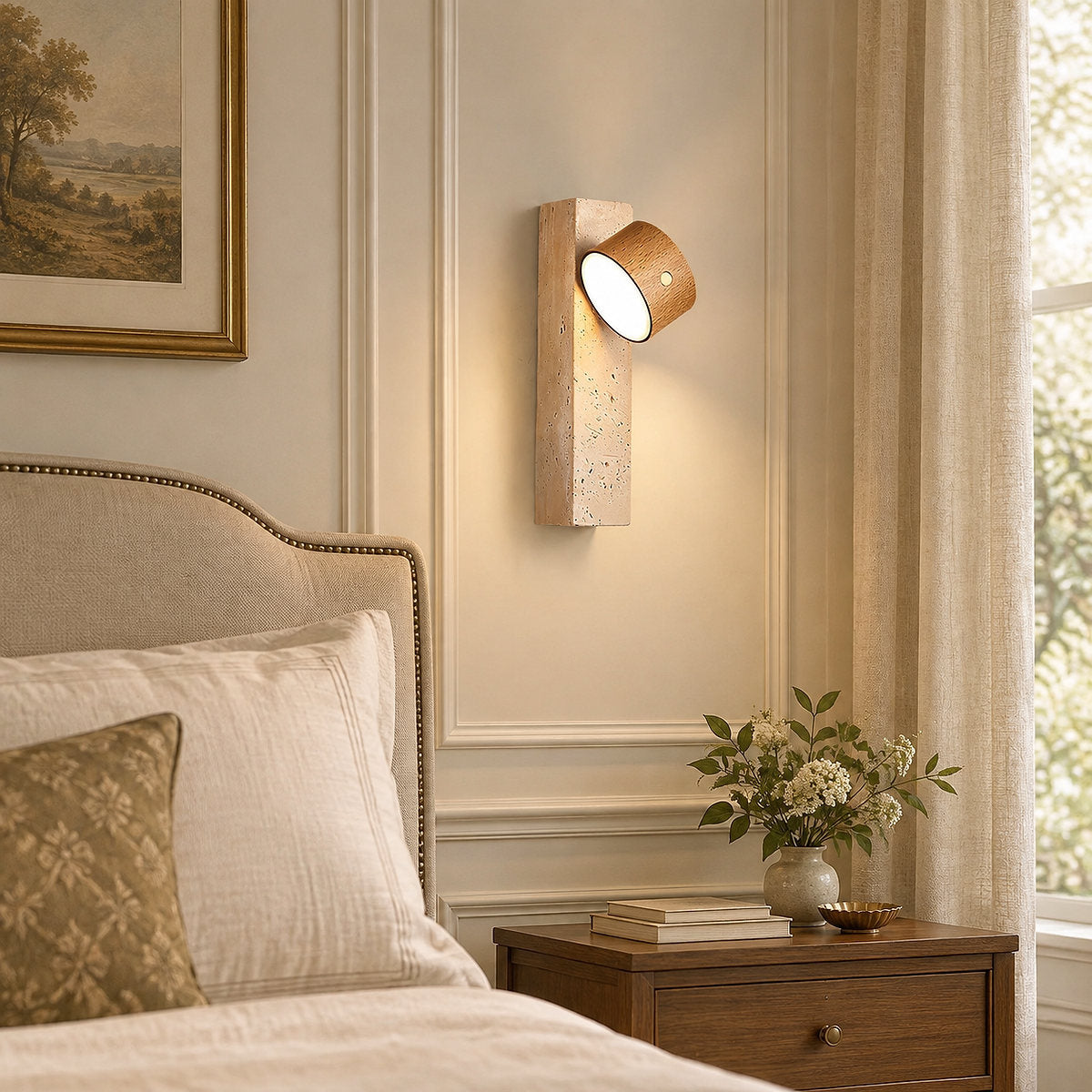 Axis Wood Rechargeable Wall Lamp, 2.8-Inch x H 9.1-Inch, Dark walnut & Yellow Travertine, Warm Light & USB Charging for Bedroom & Living Room