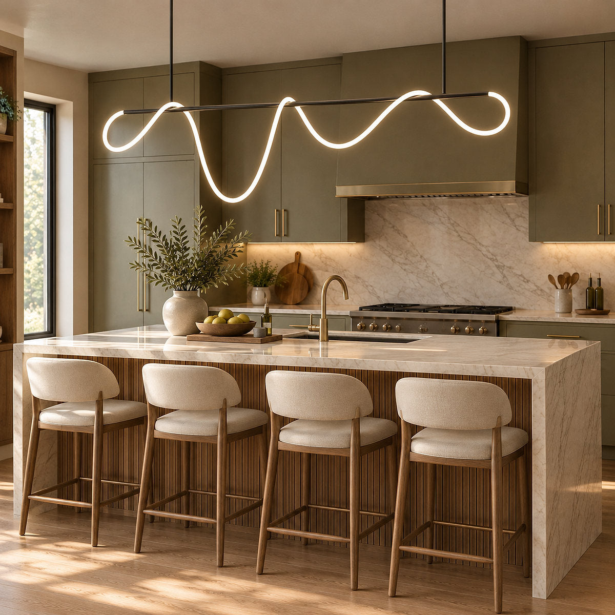 Sculptural Curved Linear and Round LED Chandelier