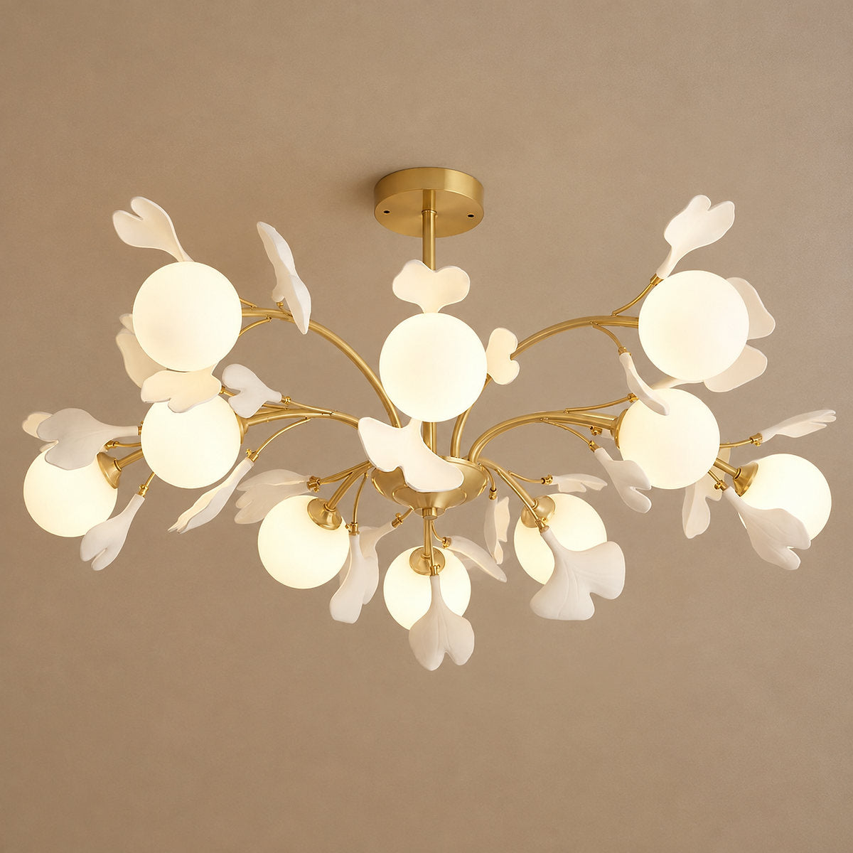 Brass Branch Chandelier with Ceramic Leaves