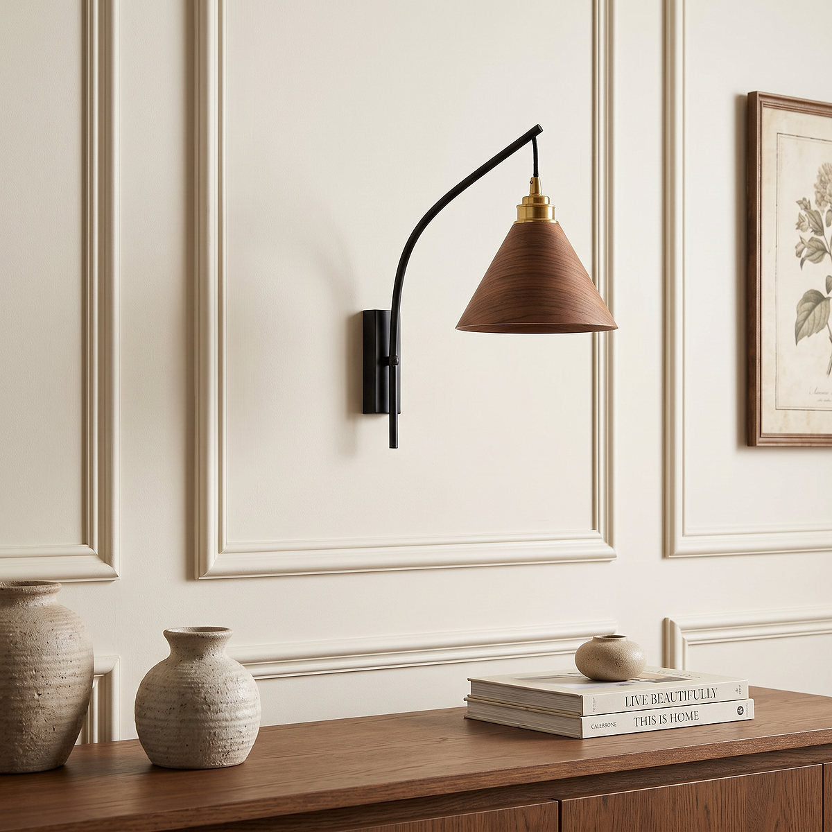 Camber Arc Wall Lamp, 6.7-Inch x H 13.0-Inch, Walnut & Wood for Living Room