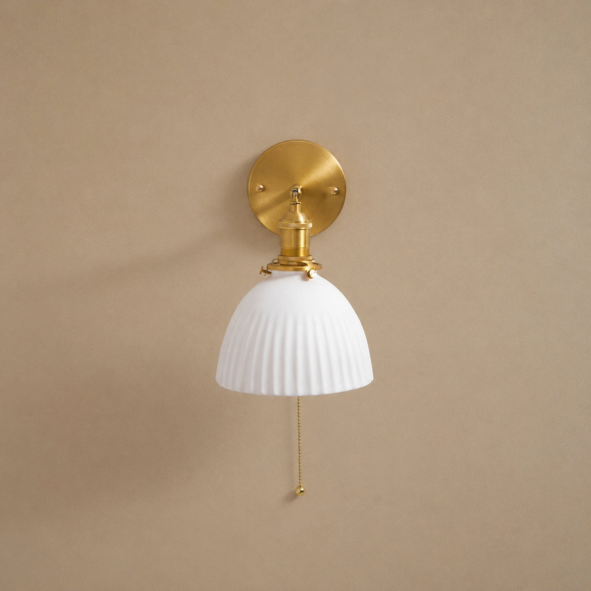 Brass Pleated Ceramic Wall Lamp, 6.7-Inch x H 9.1-Inch, Brass & White Ceramic for Living Room