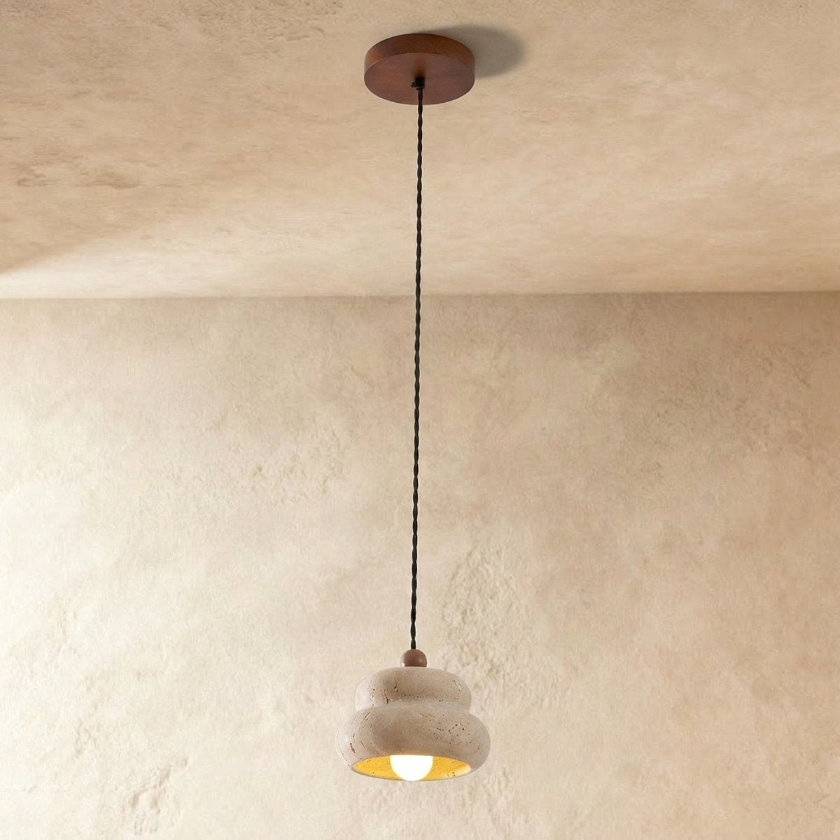 Walnut and Travertine Pendant Lamp Yellow Travertine for Dining Room & Living Room