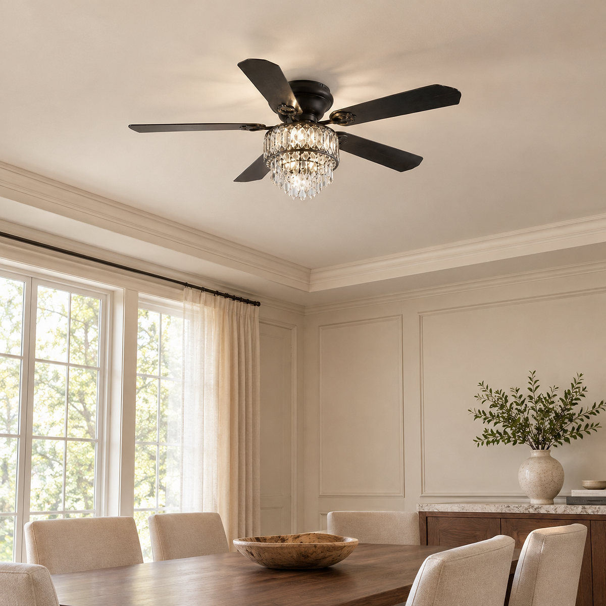 Tricolordeer Tiered Crystal Chandelier Black Ceiling Fan
