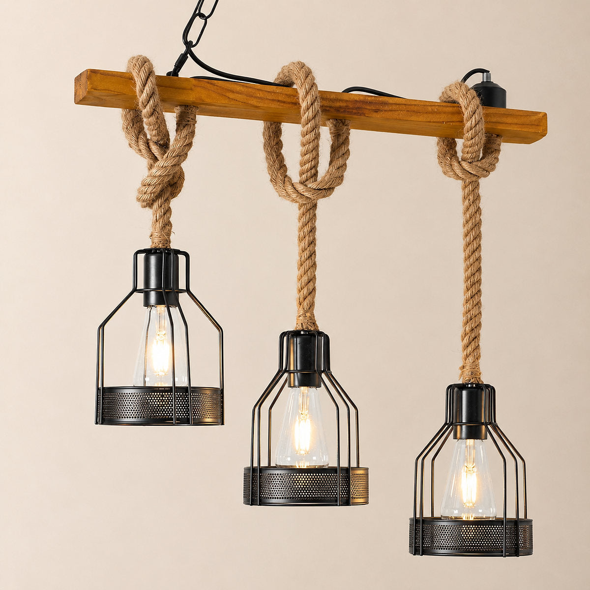 Horizontal Wood Beam Grenade Cage Chandelier