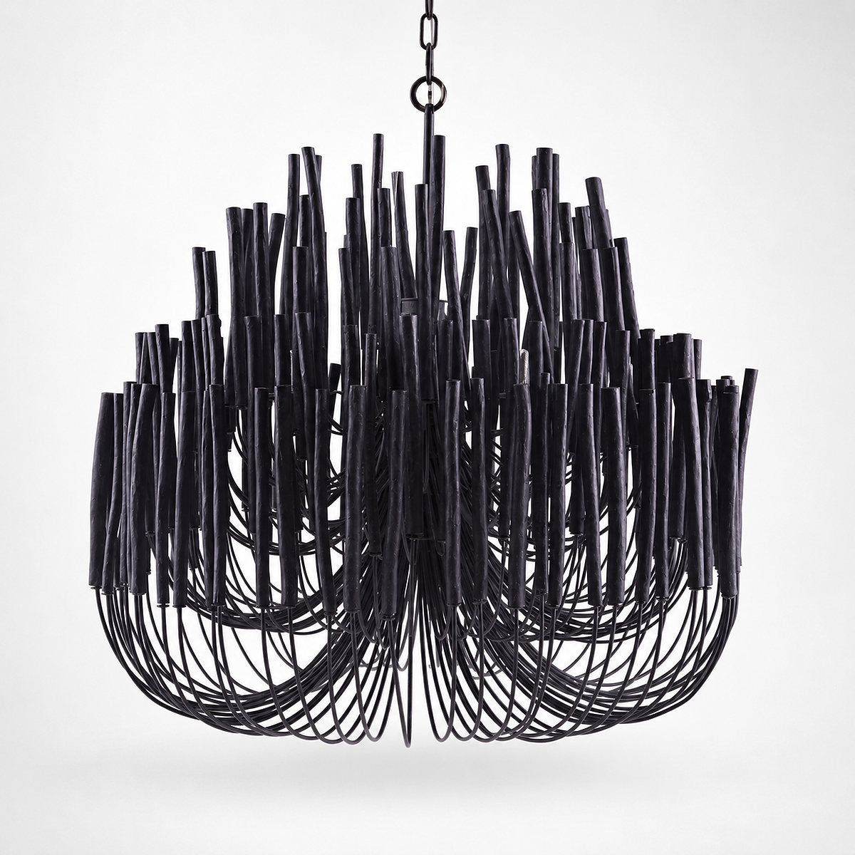Tiered Wood and Curved Iron Chandelier