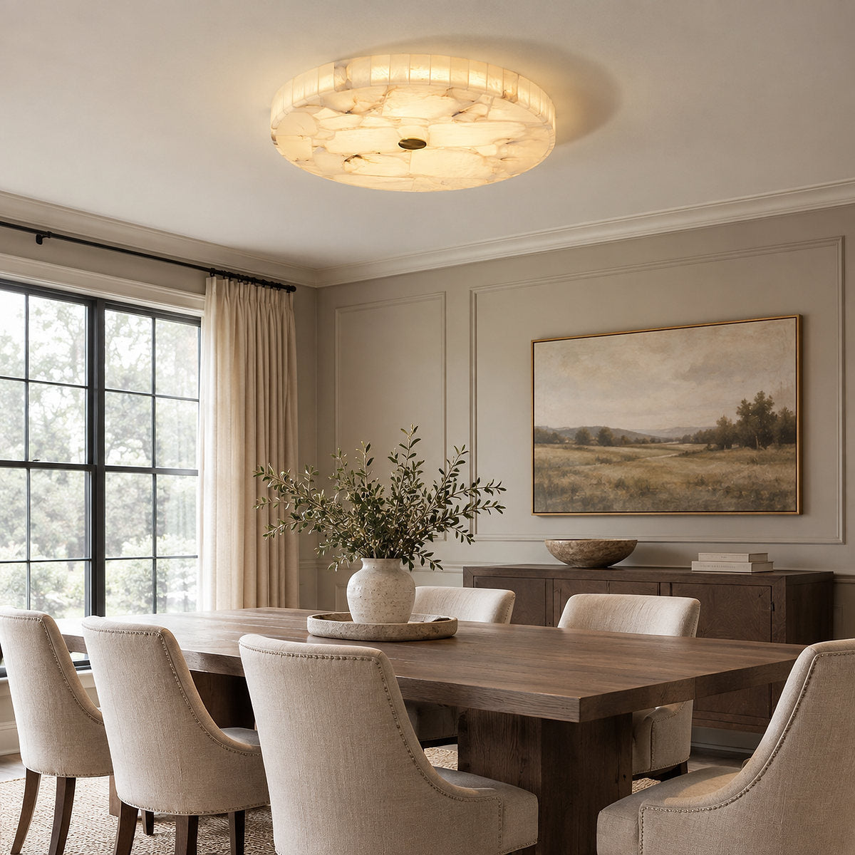 Round Alabaster Ceiling Light, 15.7-Inch x H 2-Inch, White & Gold, Warm Light for Living Room