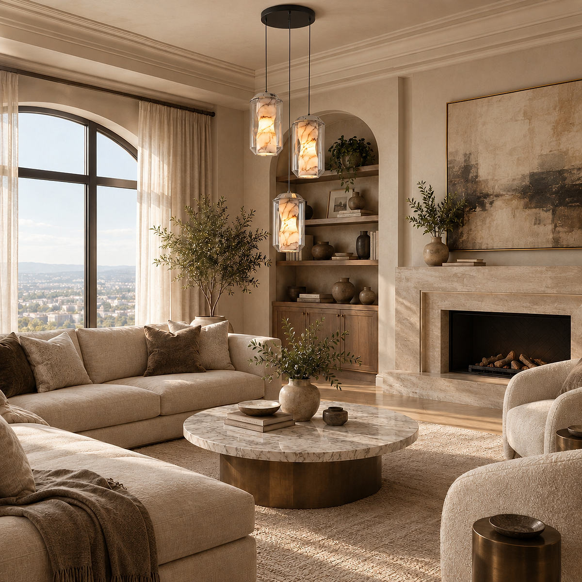 Cylinder Pendant Light in Alabaster and Glass