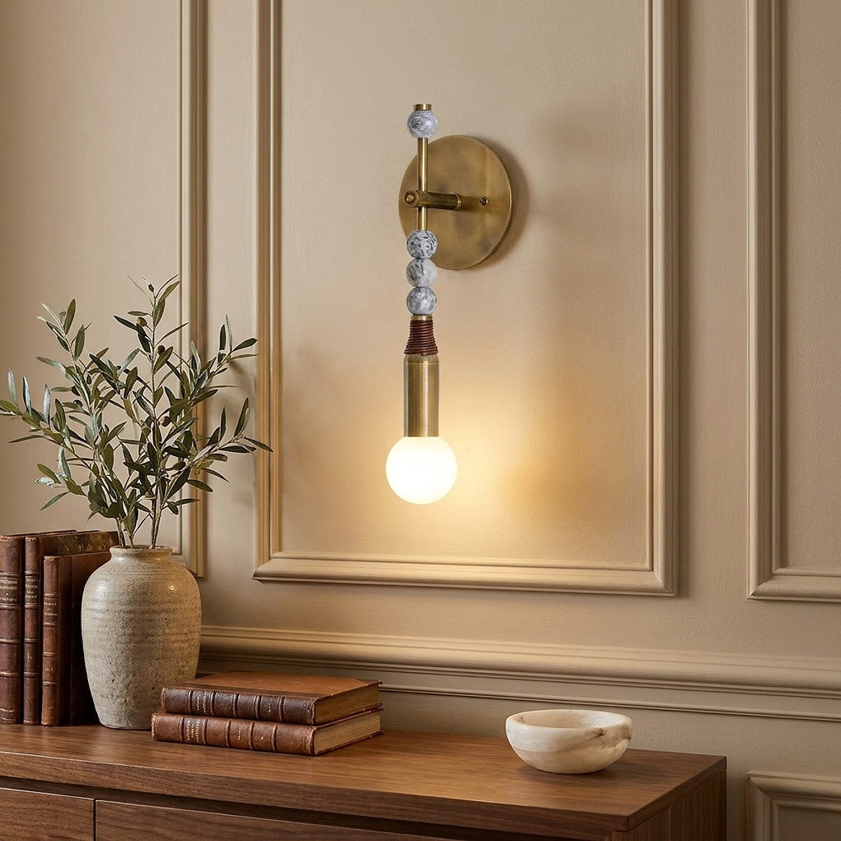 Toam Wall Lamp, 5.9-Inch, Antique Brass & Green Marble for Living Room