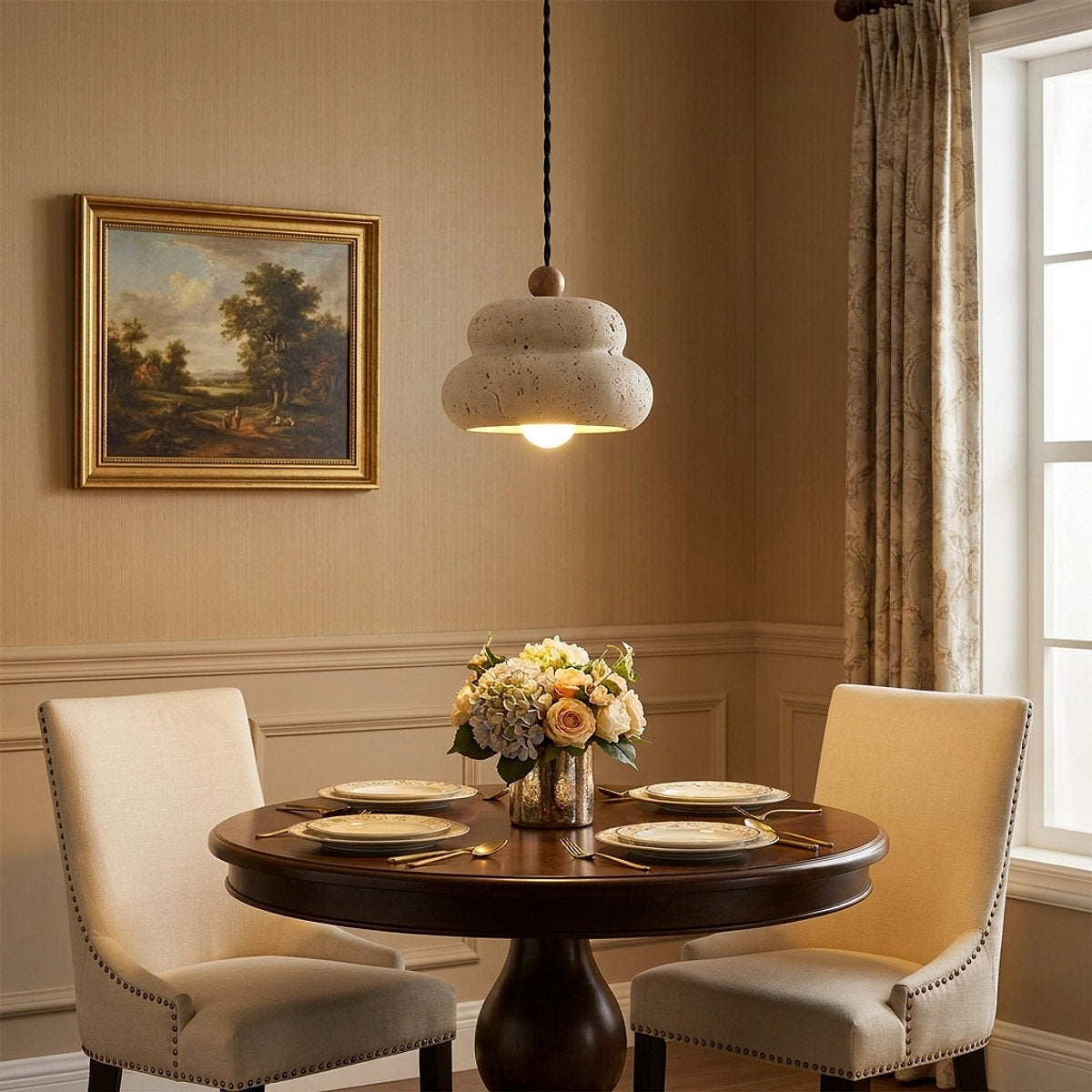 Walnut and Travertine Pendant Lamp Yellow Travertine for Dining Room & Living Room