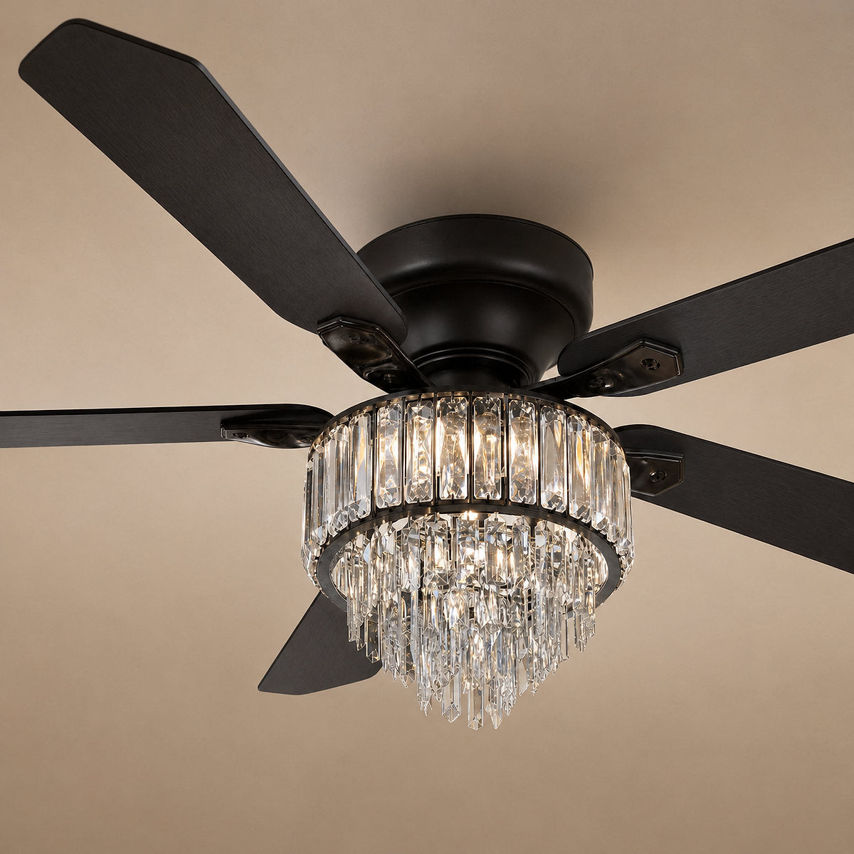 Tricolordeer Tiered Crystal Chandelier Black Ceiling Fan