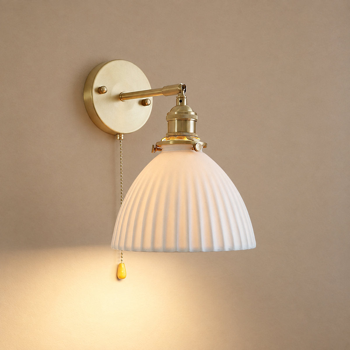 Brass Pleated Ceramic Wall Lamp, 6.7-Inch x H 9.1-Inch, Brass & White Ceramic for Living Room