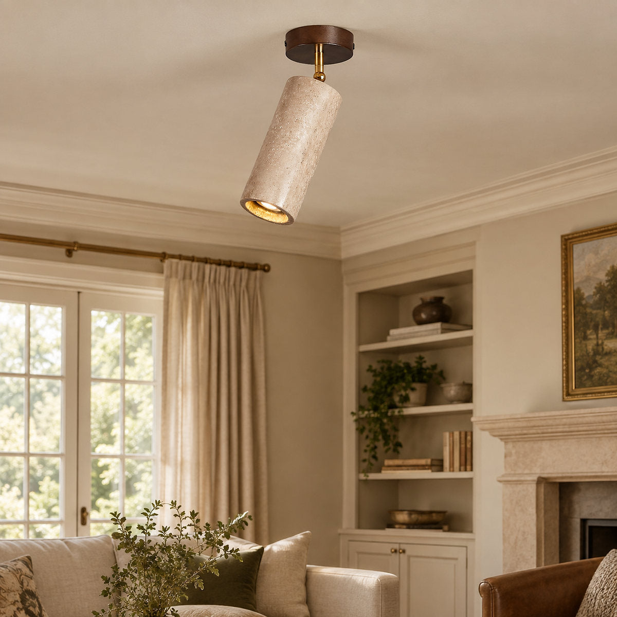 Solis Stone Spotlight, 2.6-Inch x H 6.3-Inch, Walnut Wood & Yellow Travertine, Warm Light for Bedroom & Living Room