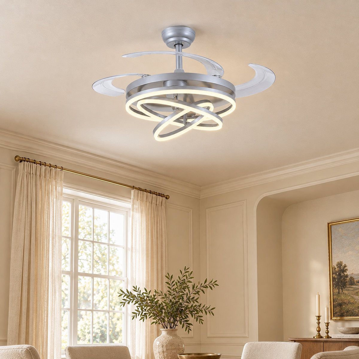 Tricolordeer LED Ring Light Ceiling Fan with Retractable Acrylic Blades