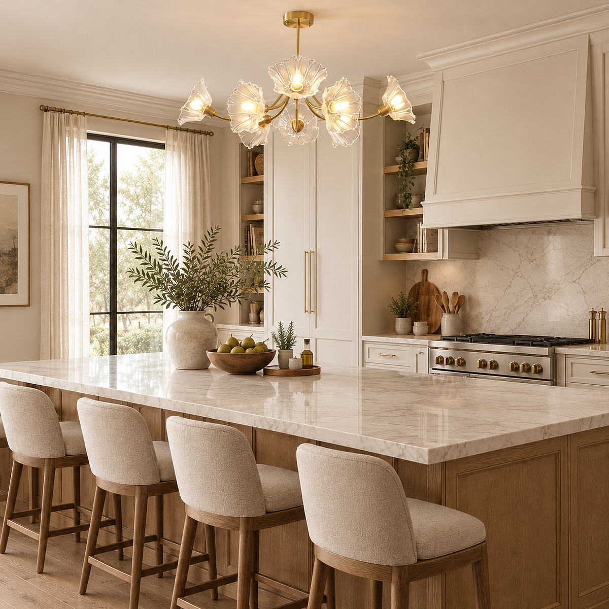 Sculptural Petal Glass Brass Chandelier