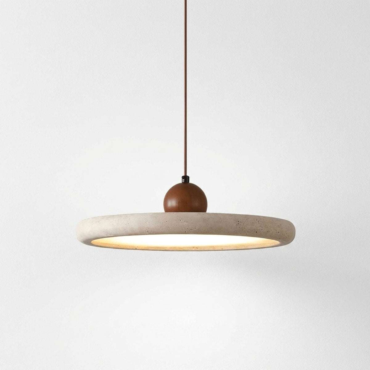 Round Wood and Travertine Pendant Lamp Warm Light for Dining Room & Living Room