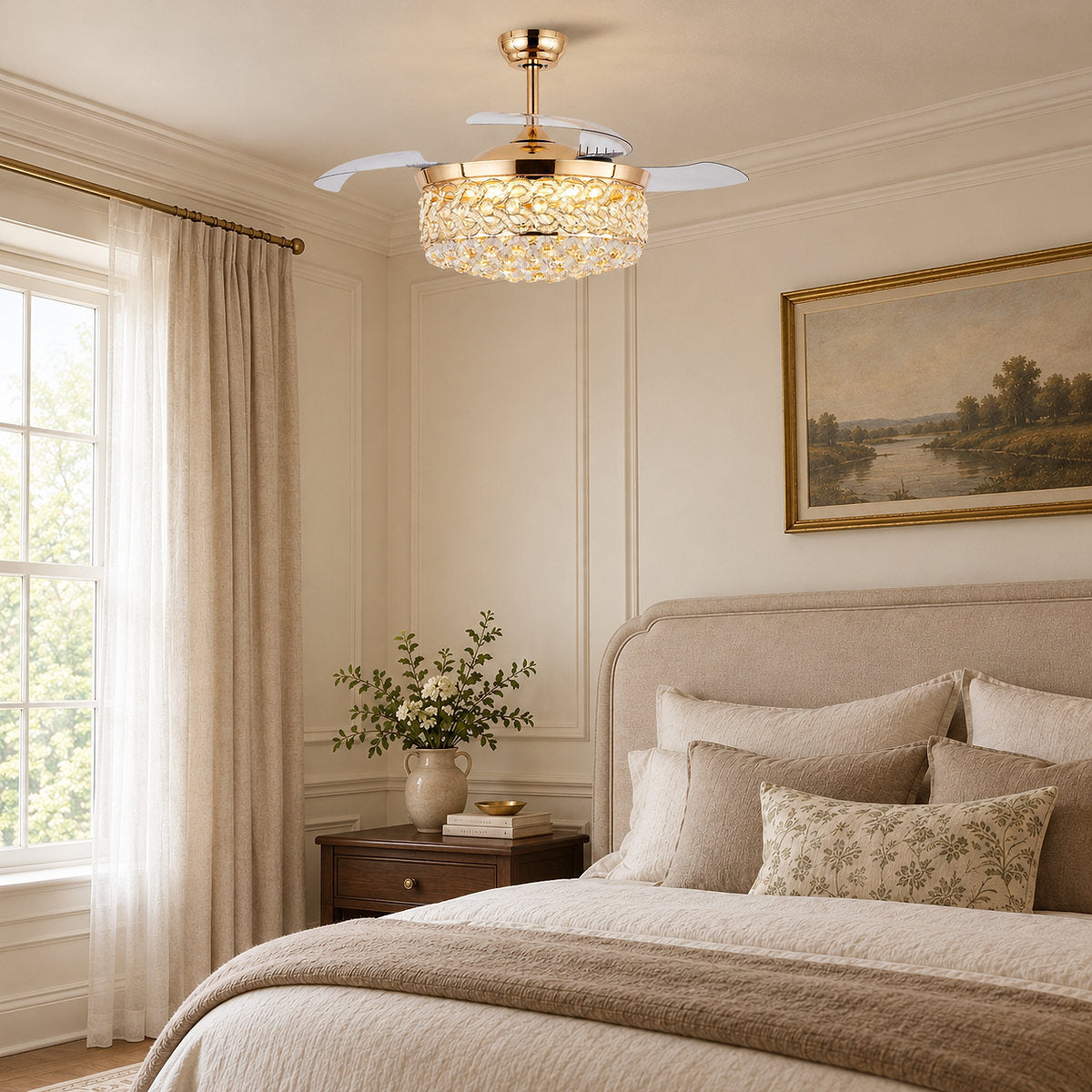 Tricolordeer Crystal Drum Chandelier Retractable Ceiling Fan