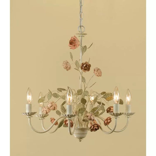 American Country Style Rustic Vintage Wrought Iron Flower Rose Chandelier Art Lamp for Bedroom Study Dining Room