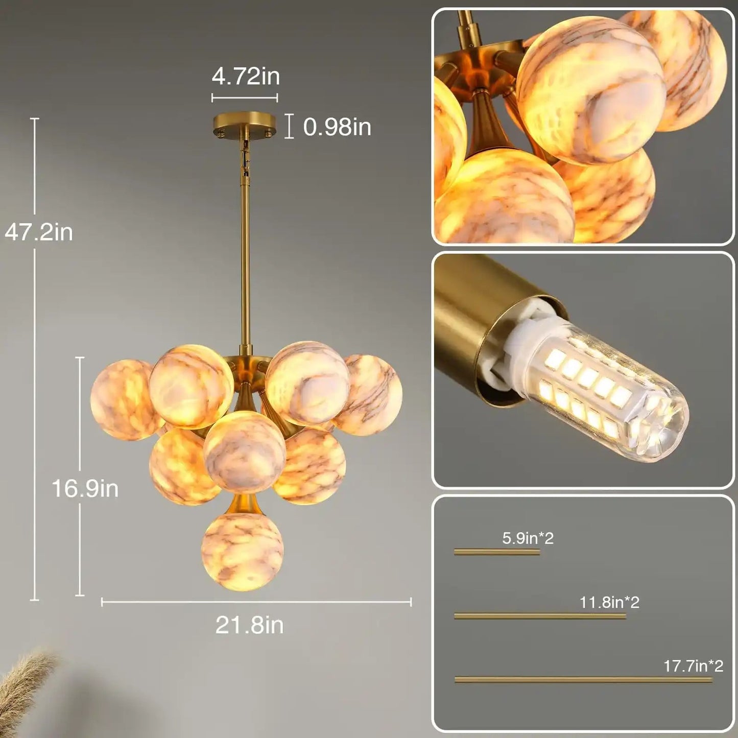 Mid Century Modern Sputnik 12 Light Gold Alabaster Globe Chandelier