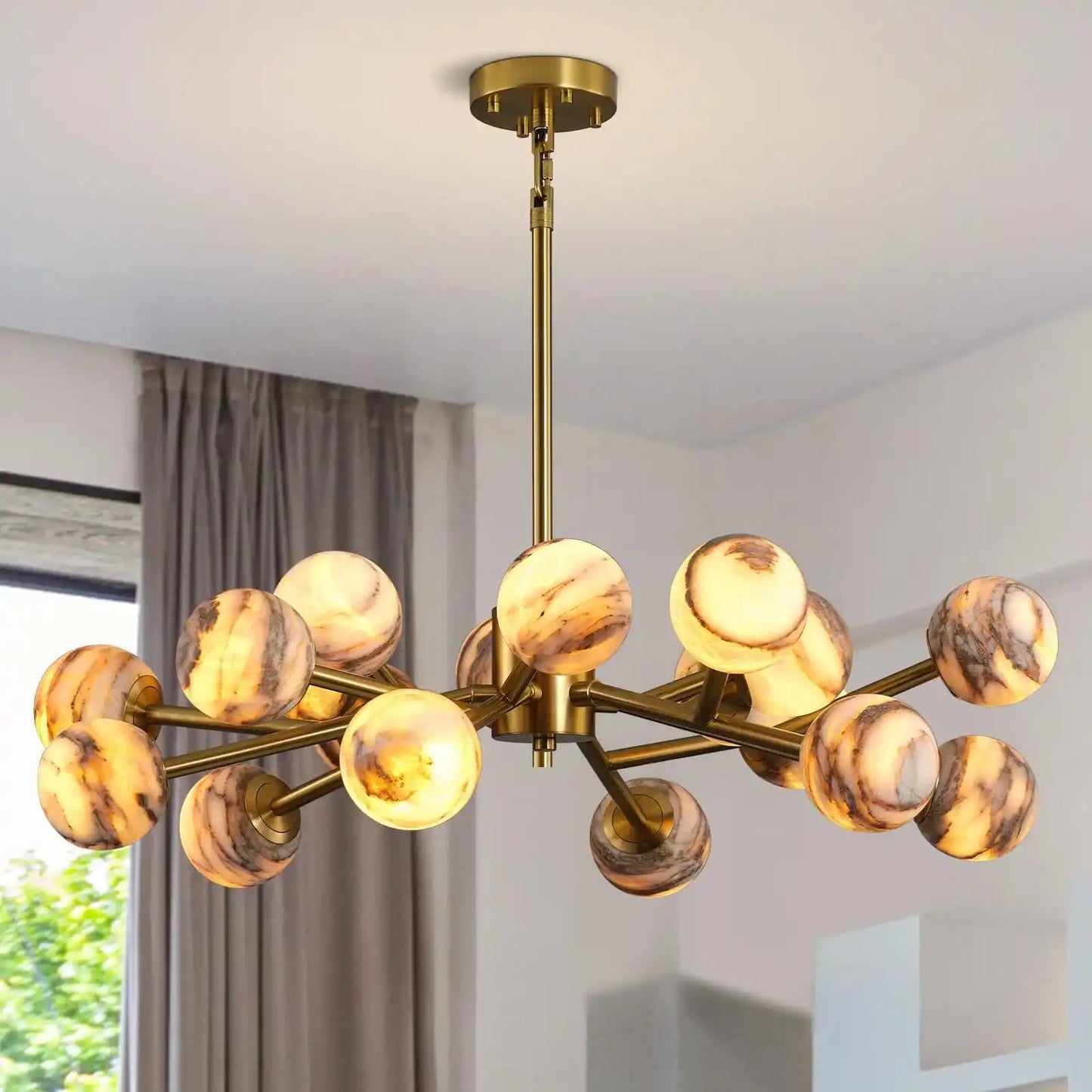 Mid Century Modern Sputnik 12 Light Gold Alabaster Globe Chandelier
