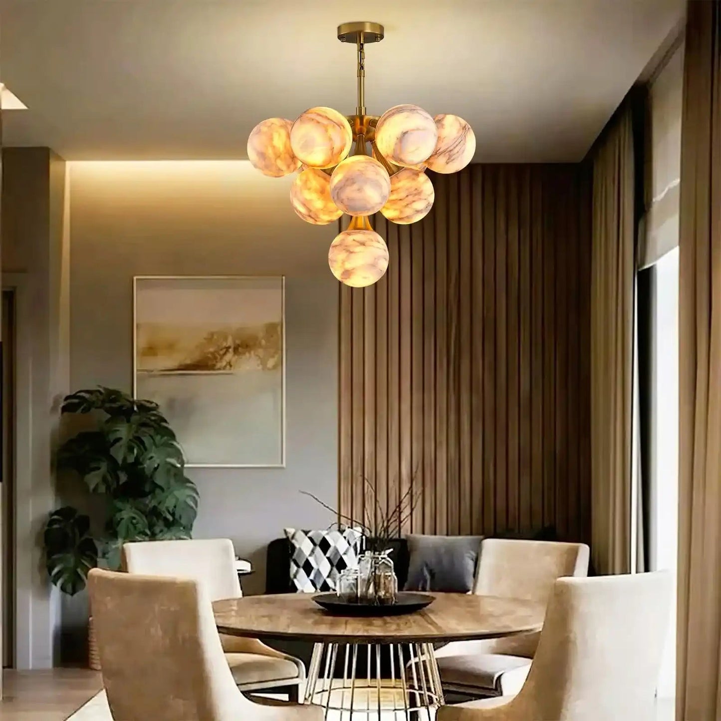 Mid Century Modern Sputnik 12 Light Gold Alabaster Globe Chandelier