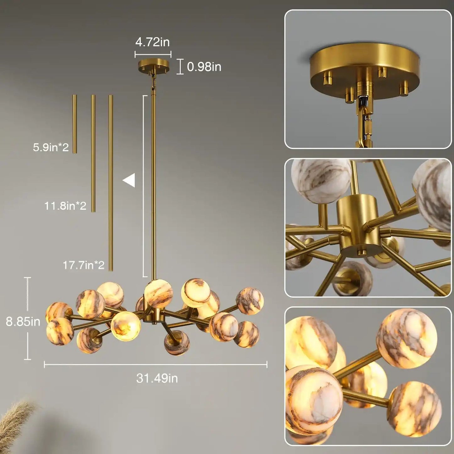 Mid Century Modern Sputnik 12 Light Gold Alabaster Globe Chandelier