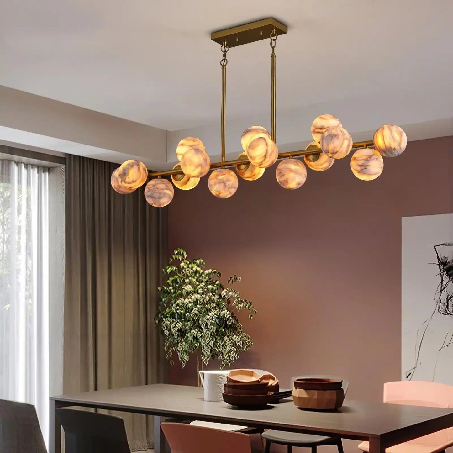 Mid Century Modern Sputnik 12 Light Gold Alabaster Globe Chandelier