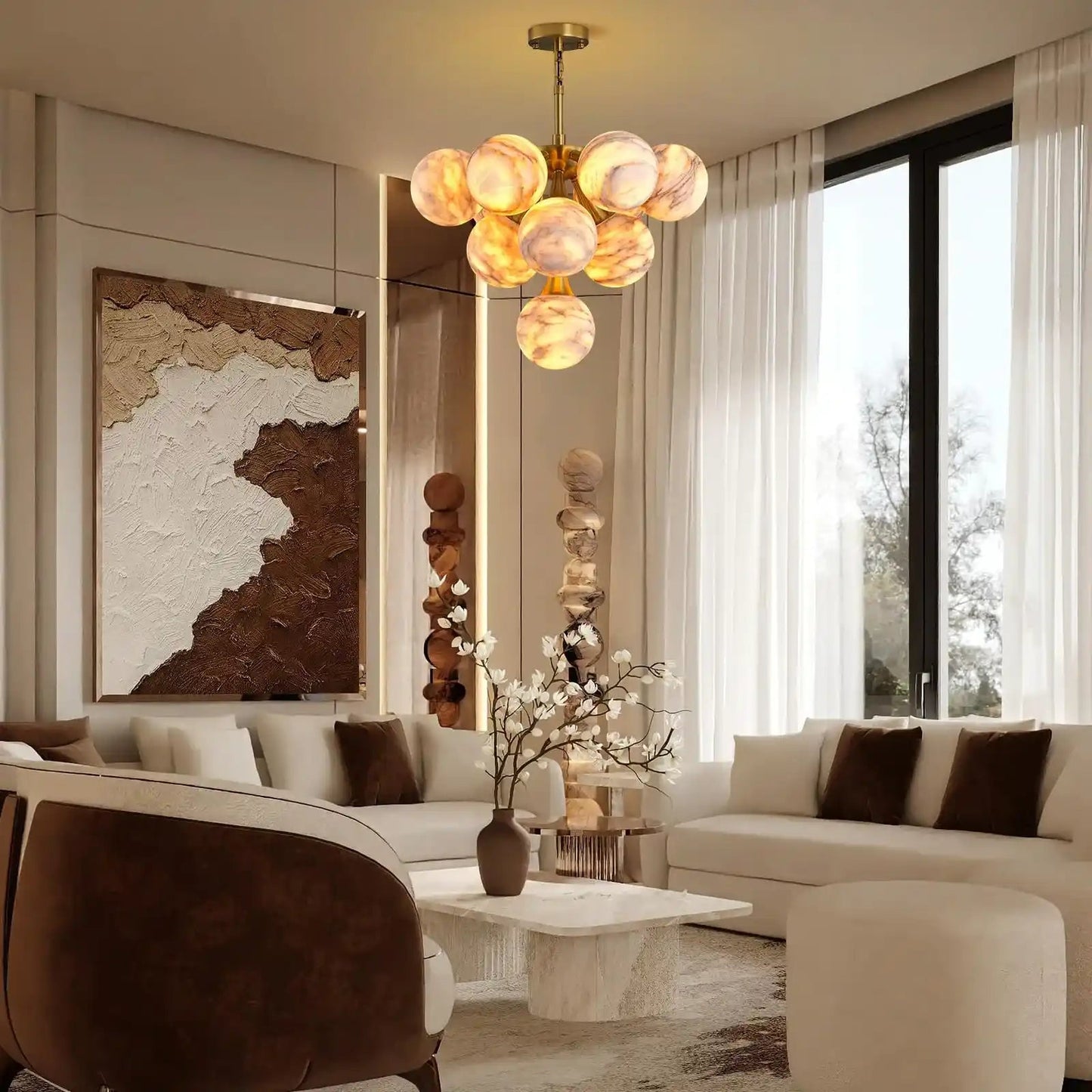 Mid Century Modern Sputnik 12 Light Gold Alabaster Globe Chandelier