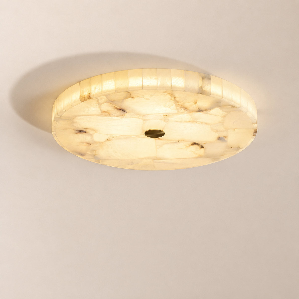 Round Alabaster Ceiling Light, 15.7-Inch x H 2-Inch, White & Gold, Warm Light for Living Room