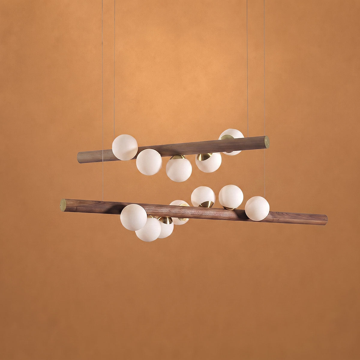 Scandinavian Wooden 5-Light Pendant Light, L 31.4-Inch x H 2.3-Inch, Walnut & White for Dining Room & Living Room